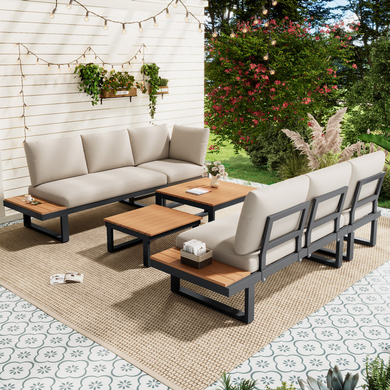 L-Shaped Garden Furniture Set with Reclining Seats, Wood Coffee Tables & Side Tables, Beige