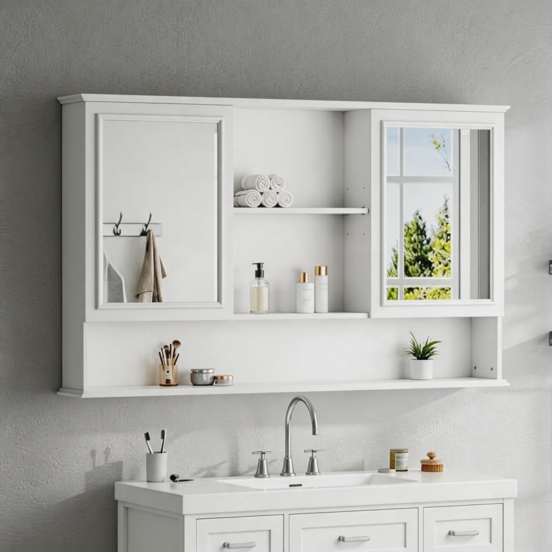 Armoire à pharmacie murale avec portes à double miroir, tablettes réglables et rangement ouvert