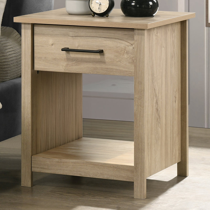 Celeste 1-Drawer Nightstand with Open Shelf Light Oak Engineered Wood 20 Inch, Light Oak/Black