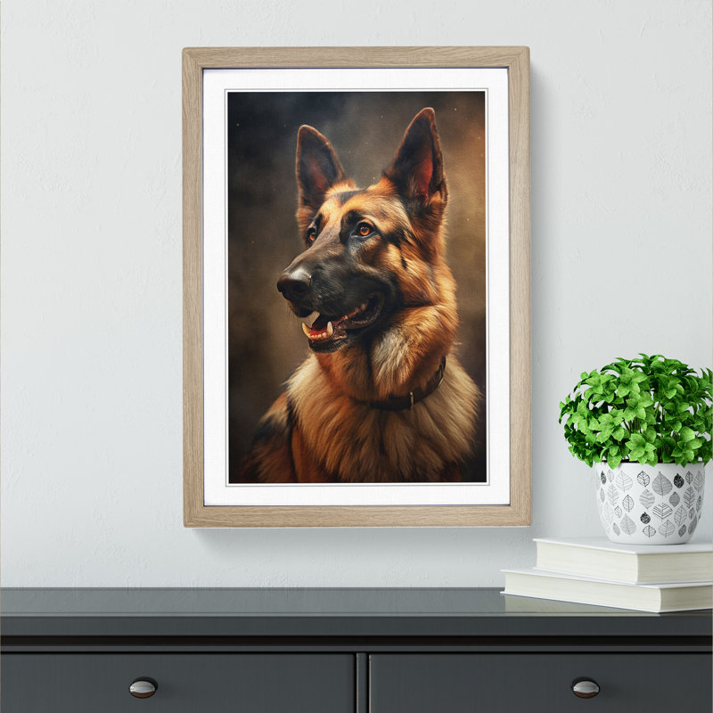 German Shepherd Romanticism - Framed Print, 34cm H x 25cm W x 2cm D, Oak