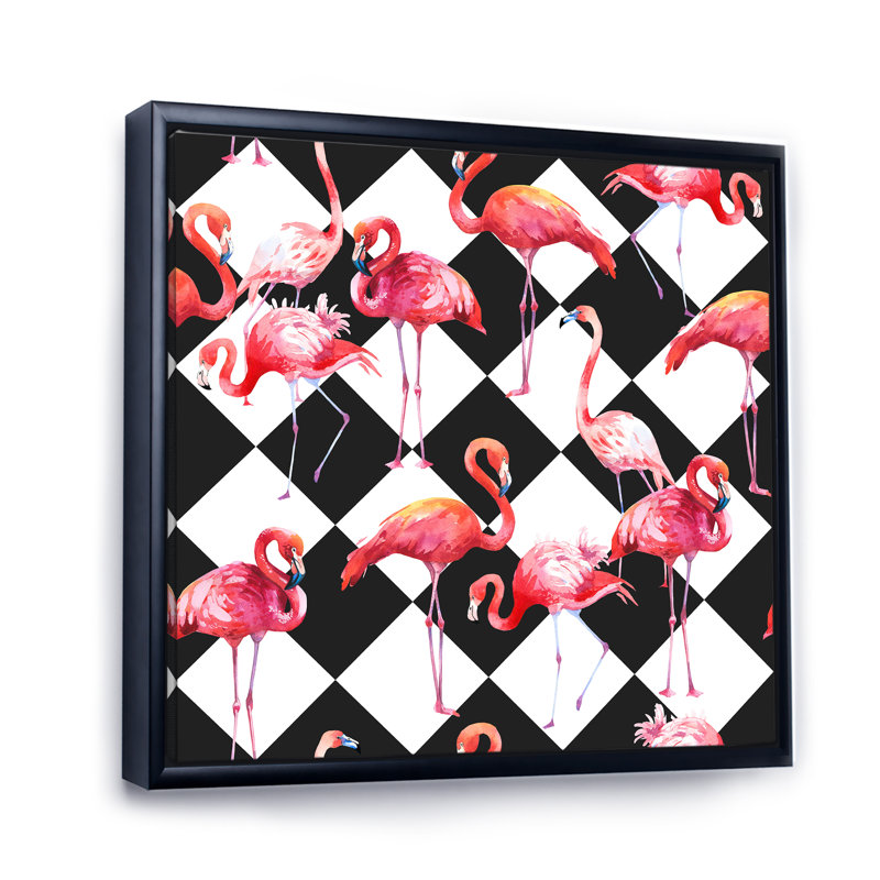Flamants roses sur fond noir et blanc - Impression sur toile, Cadre flottant noir, H 36 po x l 36 po x P 1 po