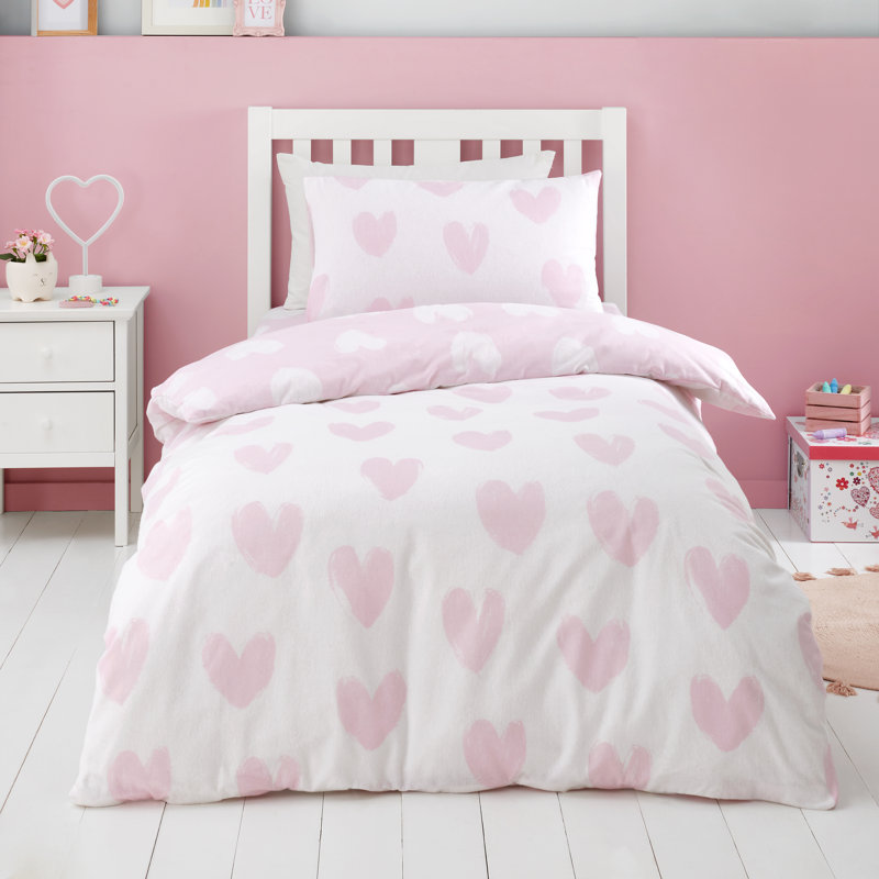Brushed Cotton Hearts Reversible Duvet Cover Set, Single Duvet Cover + 1 Standard Pillowcase