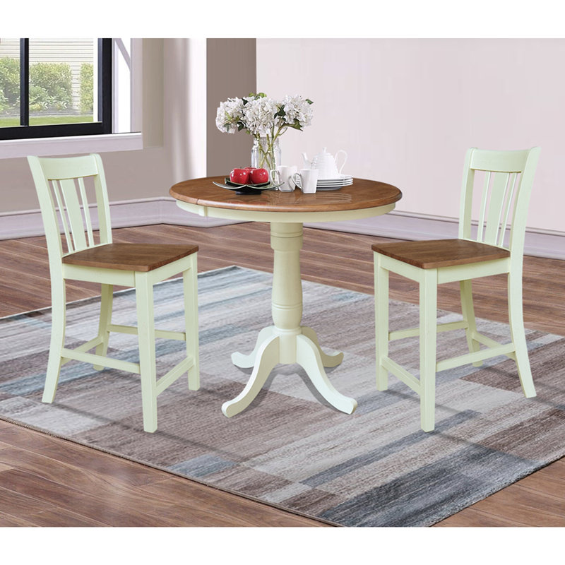 Anduena Extendable Solid Wood Top Pedestal Dining Set, Hickory/Stone, 3