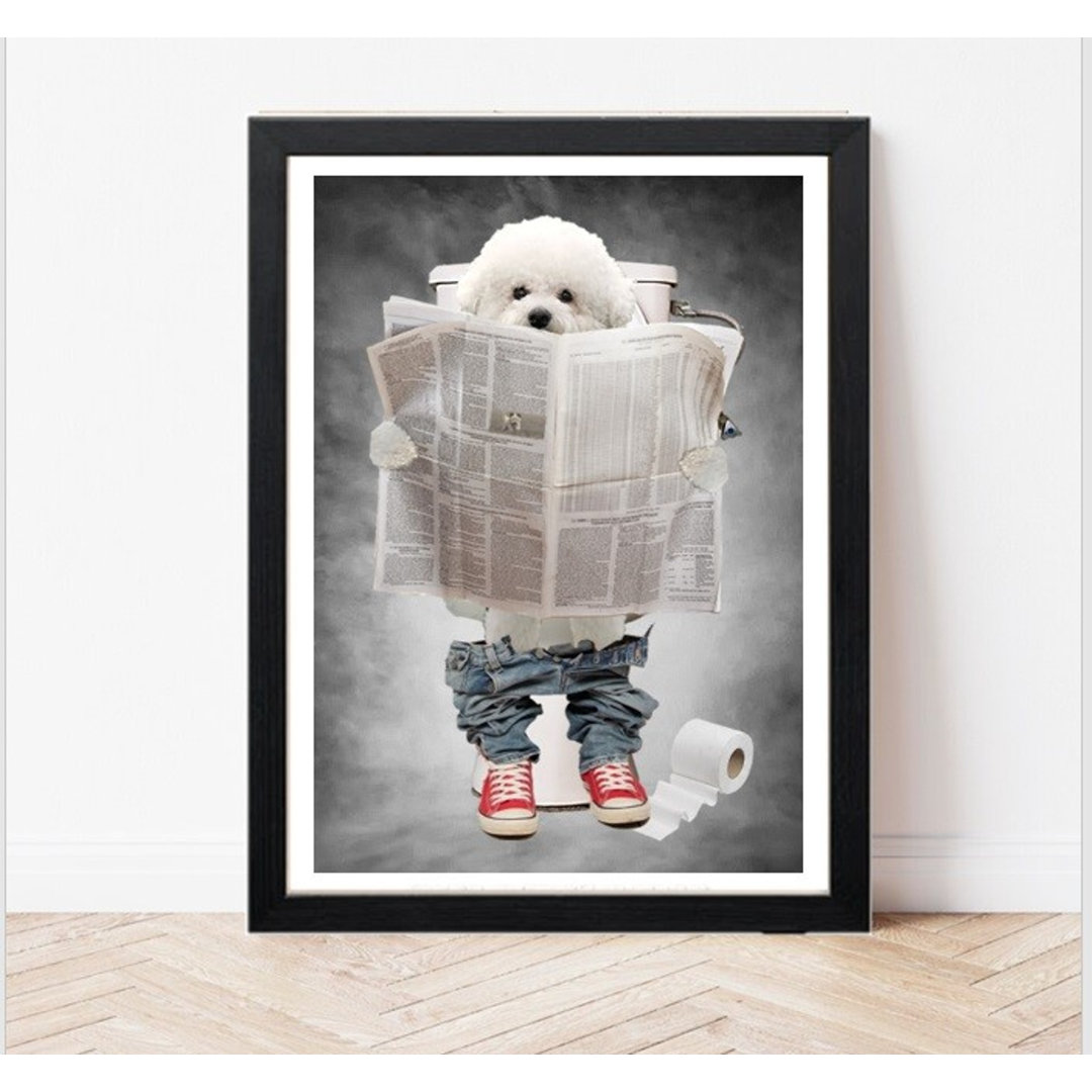 Bichon Frise On Toilet Print - Funny Dog On Loo Picture - Bathroom Wall Art