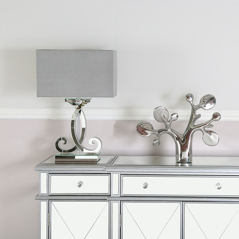 Stephens 66cm Luxury Table Lamp, Bedside Buffet Lamp with Wooden Glass Base & Polyester Shade, Grey, Silver