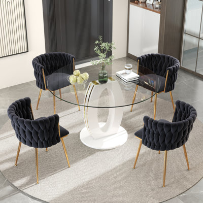 Ensemble de salle à manger à piédestal moderne en verre trempé avec fauteuil Dininig