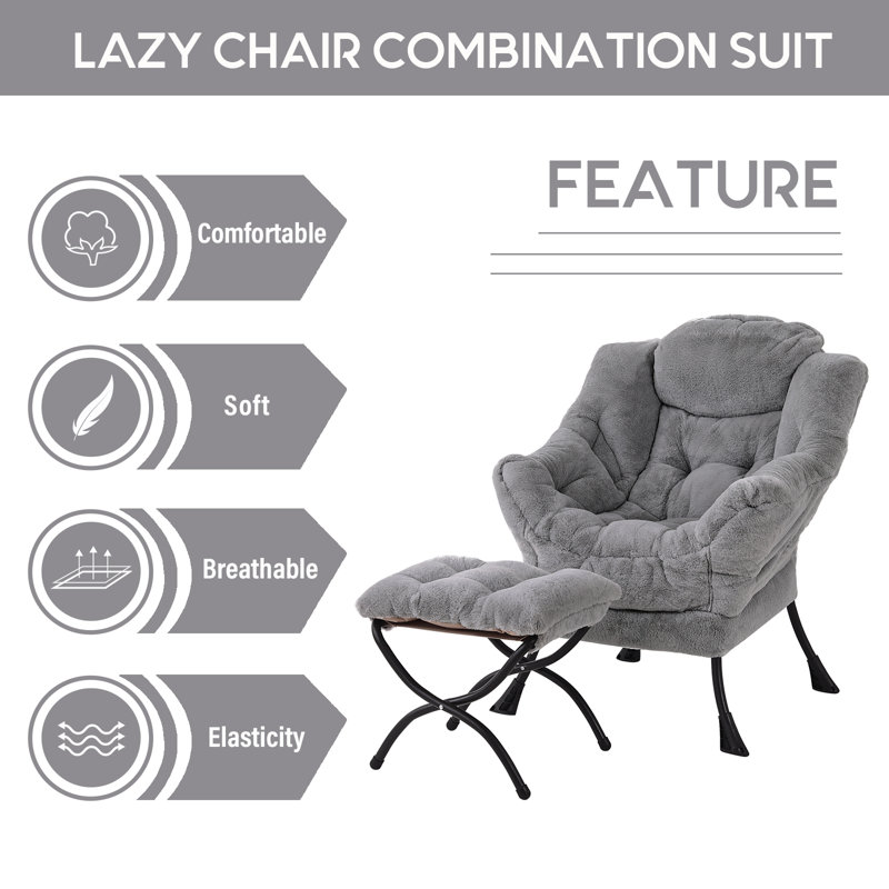 Gray Plush Metal Accent Chair with Ottoman