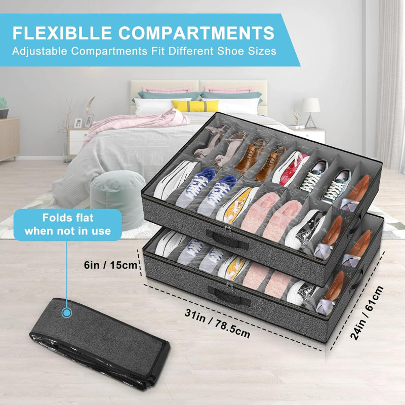Organisateur de rangement pour chaussures sous le lit 31 po x 24 po x 6 po pouvant contenir 32 paires de fenêtre pliable pour dortoir