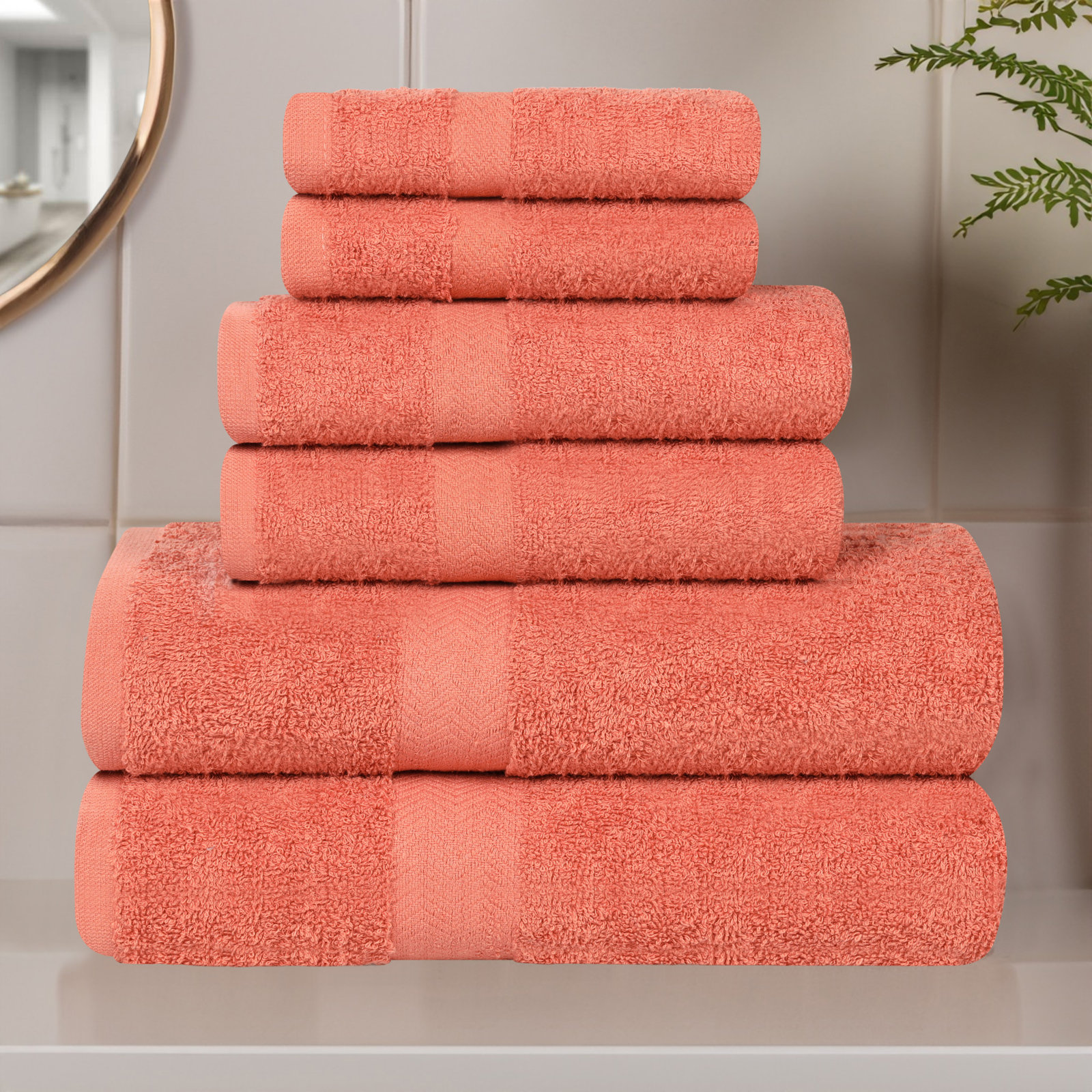 Glenlee 6 Piece Eco-Friendly 100% Cotton Towel Set, Coral