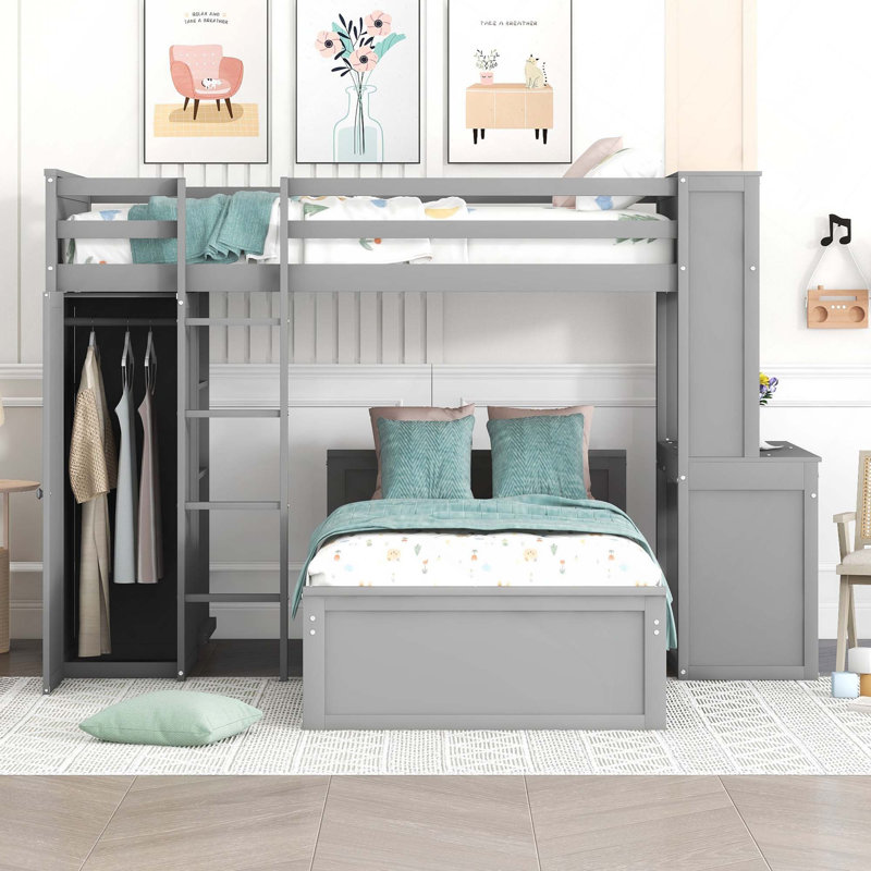 Lit mezzanine avec lit simple, tablettes, bureau et garde-robe, Grey, Twin