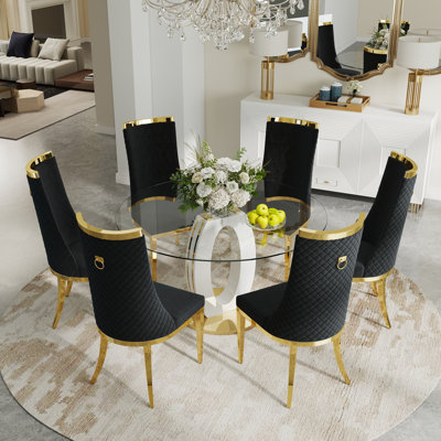 Round Tempered Glass Dining Table Set, Luxury Dining Table with High Backrest Dining Chair for Dining Room for 6