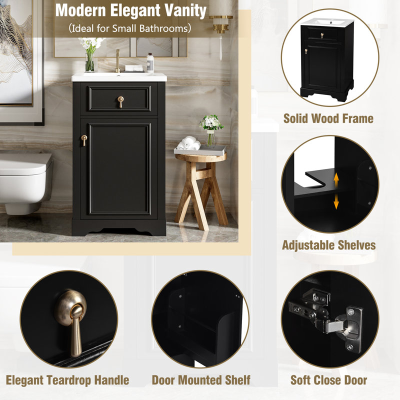 Meuble-lavabo de 20 pouces avec lavabo en céramique, porte à fermeture douce, tablette réglable et support de rangement fixé à la porte - idéal pour les petites salles de bain (noir)