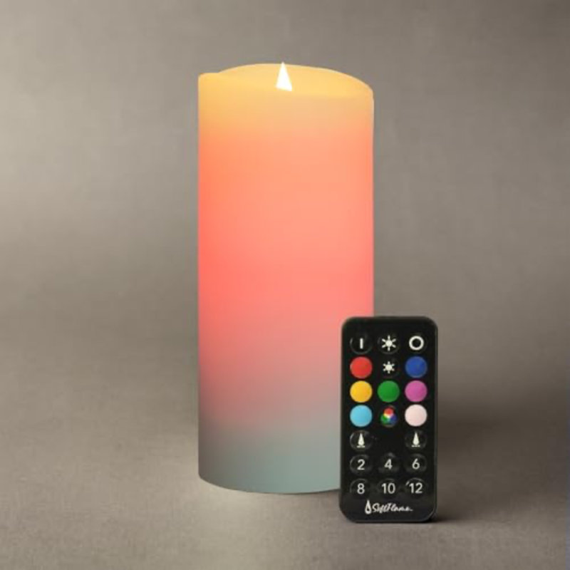 Bougie DEL sans flamme multicolore à flamme mobile scintillante 3 po x 7 po, à pile, cire véritable, blanc, télécommande avec minuterie