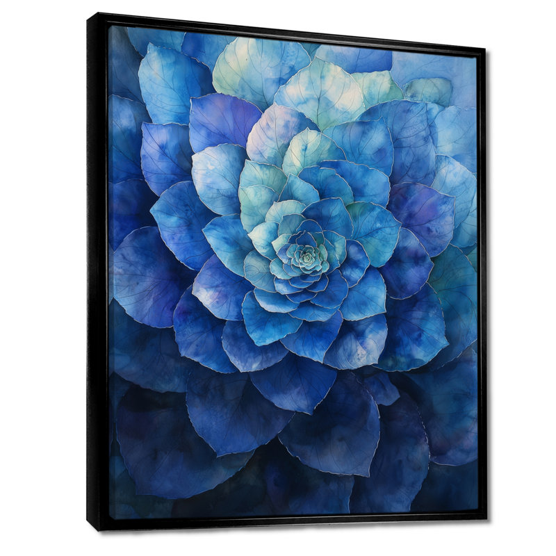 Bleu et vert hortensia Vortex IV - art mural hortensia, Noir, Reproduction avec cadre flottant, H 32 po x l 16 po