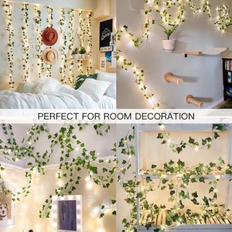 Vigne avec guirlandes lumineuses enfichables, guirlande de 100 lumières lierre à DEL de 33 pi pouvant être connectées à une télécommande, lampe pour chambre à coucher, chambre, mur, jardin, fête, dortoir de mariage (blanc chaud)