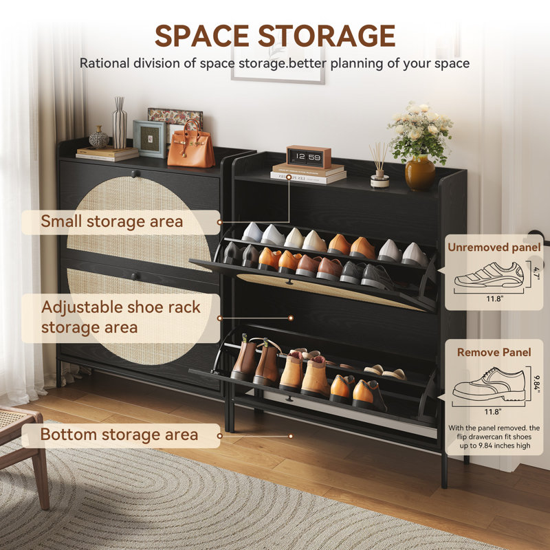 2-Drawer Rattan Front Shoe Cabinet, Narrow Black Entryway Storage With Flip Doors & Adjustable Shelves, Black