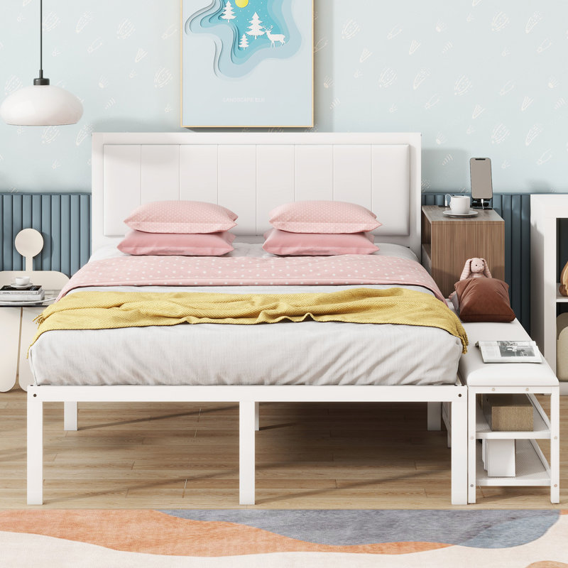 Full Size Metal Platform Bed With Two-Tier Storage Shelves, Storage Cabinet, White