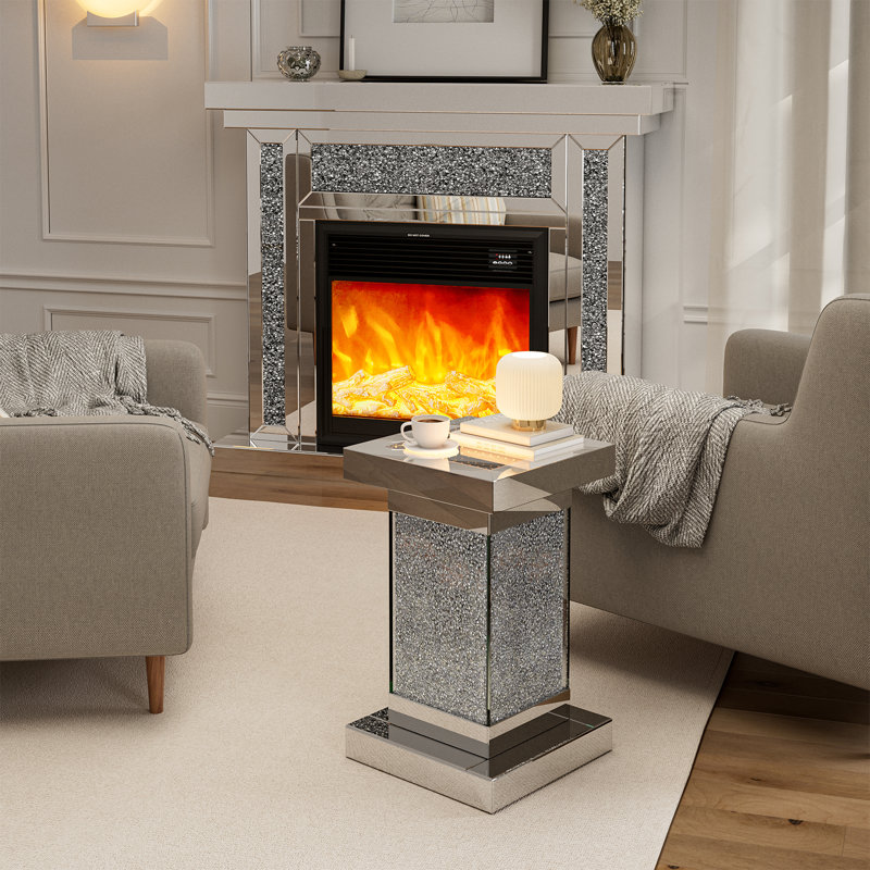 Table de chevet à miroir avec DEL, incrustation de diamant en cristal