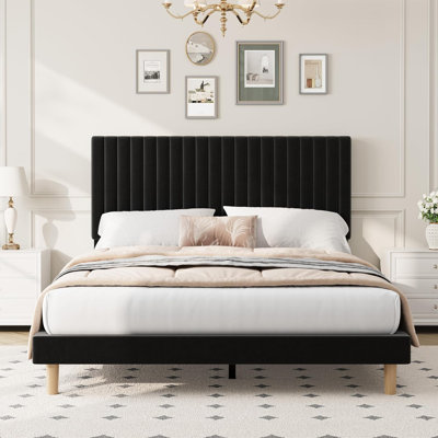Full Size Velvet Bed Frame, Vertical Channel Tufted Headboard, Height Adjustable, Upholstered Platform Bed, No Box Spring Needed