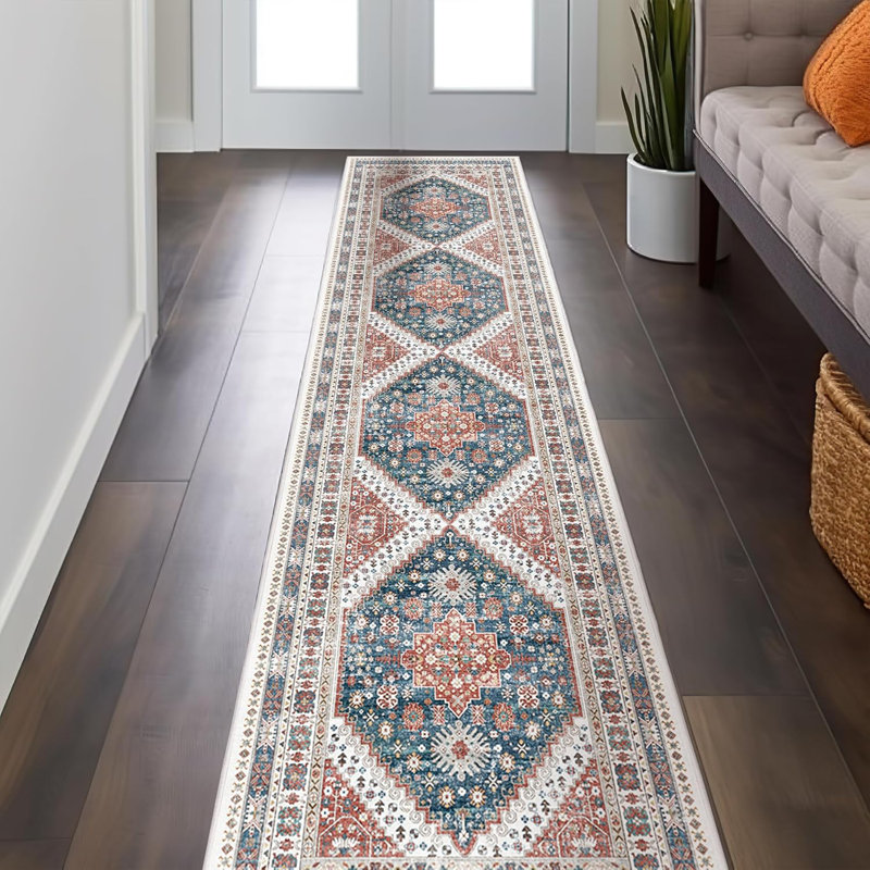 Medallion Non Slip Washable Rug(Red), Runner 2' x 8'