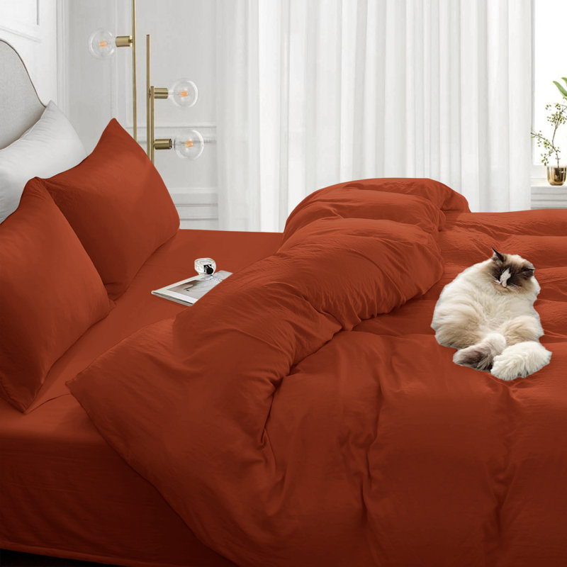 4-Piece Microfiber Duvet Cover Set – Pillowcases & Fitted Sheet, Rust, Single Duvet Cover  + 3 Additional Pieces