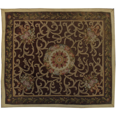 Tapis unique en laine noué à la main brun et mousse 6 pi 9 po x 8 pi avant 1900
