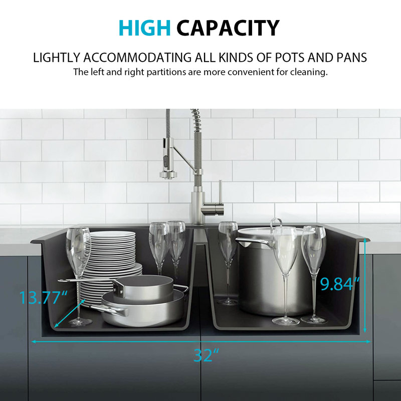 Évier de cuisine à double cuve encastrable avec crépine L 33 po x l 18 po