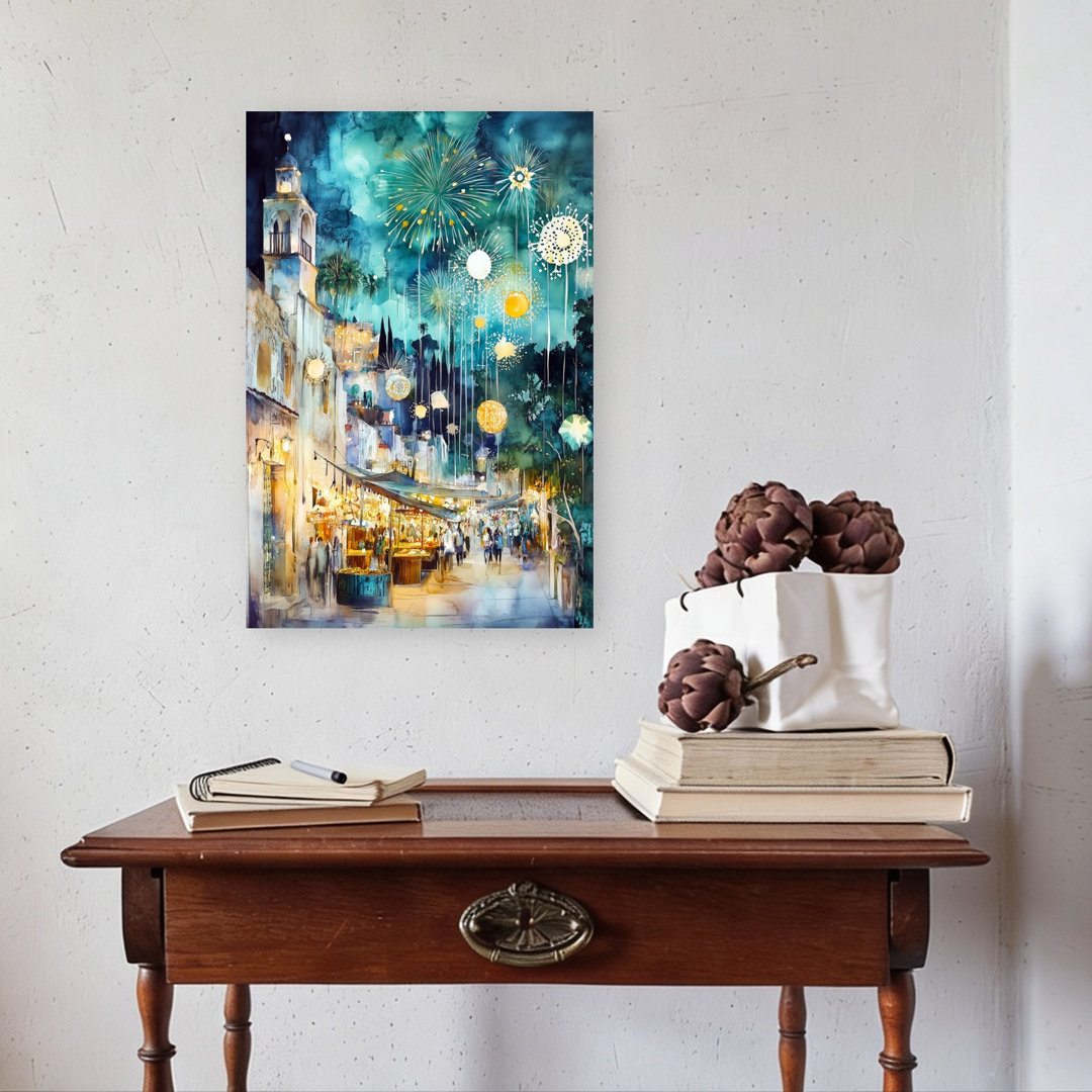 Enchanting Market Fireworks Colorful Vibrant Abstract City Architecture Wall Art Print