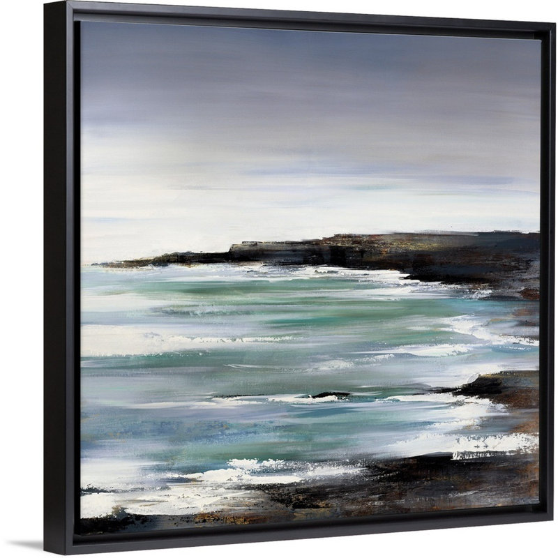 « half moon bay », peinture sur toile, H 17,7 po x l 17,7 po x p 1,75 po, Cadre flottant noir