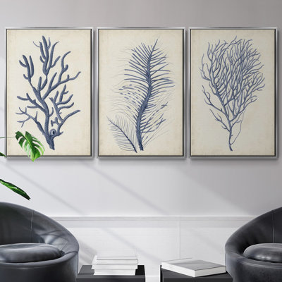 Indigo Brush Blooms I, ensemble de 3 toiles encadrées sur toile
