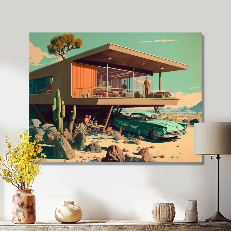«Green Car Mid Century Retro Architecture», art mural voiture exotique, Toile tendue, H 34 po x l 44 po x P 1,5 po