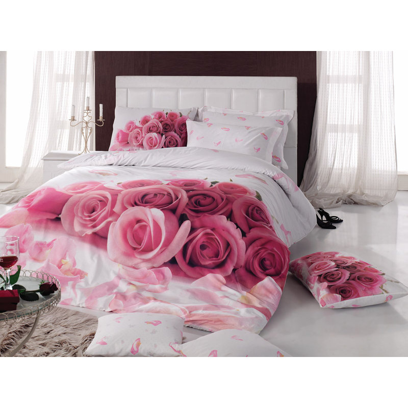 Ensemble de housse de couette 100% coton rose / fuchsia / blanc Halpern, Housse de couette double TG + 3 pièces supplémen