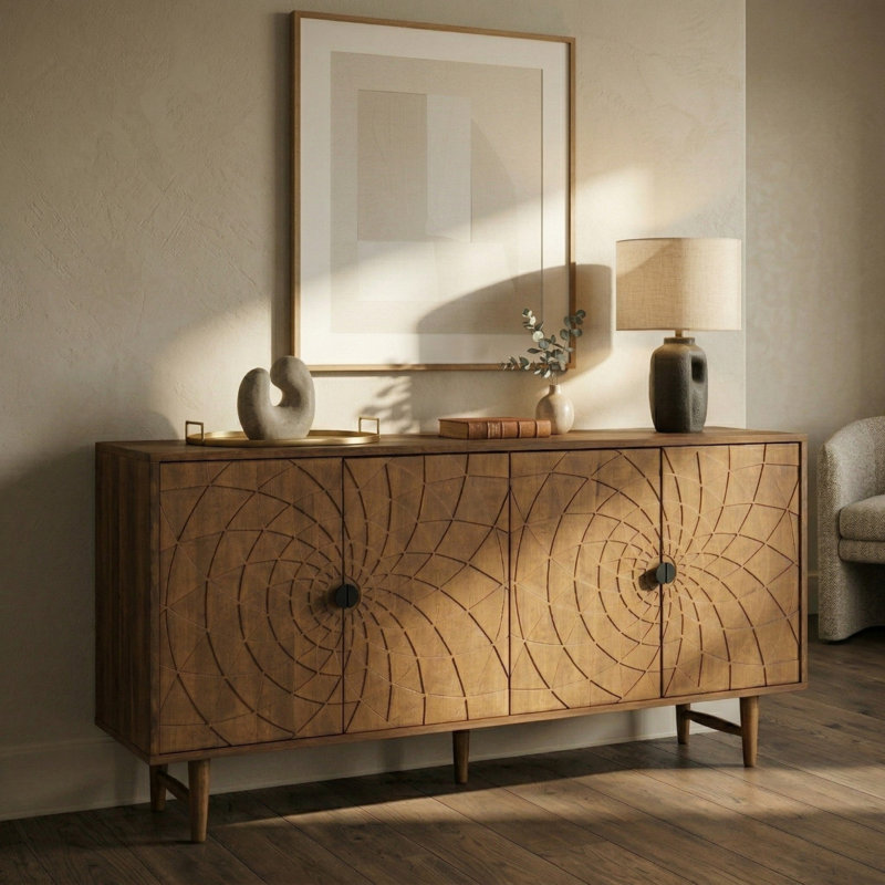 Buffet en bois massif, meuble 4 portes orné d'un motif radial sculpté à la main, pièce maîtresse artistique pour salon ou salle à manger, montage facile, aspect teck