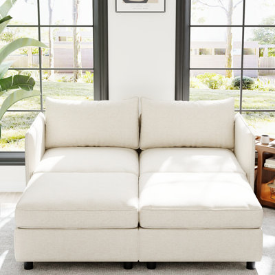 Chaise longue modulaire de style Mid-Century Modern, chenille beige avec rangement, coussins confortables en mousse haute densité et ressorts ensachés, idéale pour les petits espaces de salon, canapé deux places, rangement sous le canapé