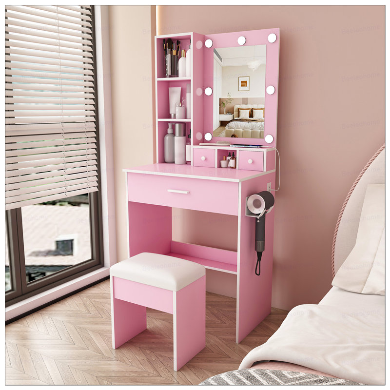 Table de coiffeuse avec miroir et lumières DEL réglables, prise de courant, support pour séchoir à cheveux et tabouret - coiffeuse compacte pour petites chambres