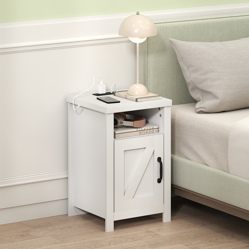 Nightstand with Charging Station, Bedside Table, Side Table, End Table with Door, USB Ports and Outlets, for Bedroom, Living Room, White