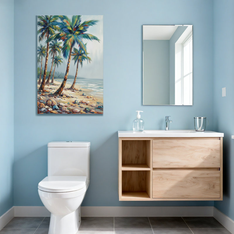 Plantes et fleurs, plage tropicale, palmiers, coquillages, vue sur l'océan, H 18 po x l 12 po