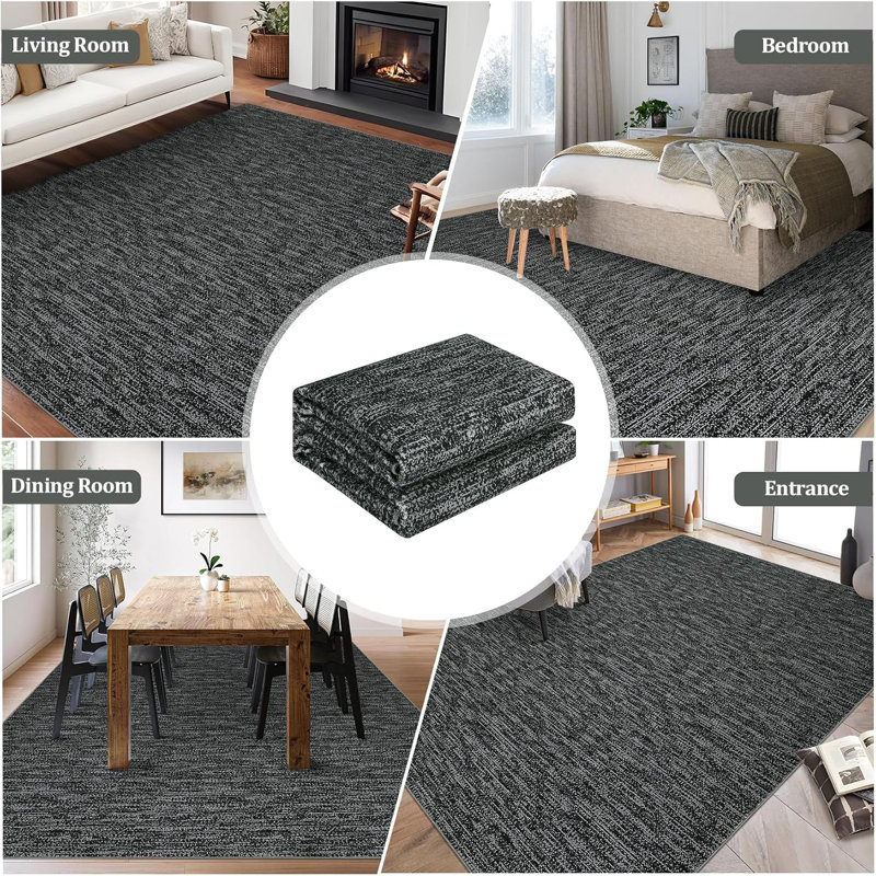 Washable Area Rug, Soft Non-Slip Modern Rug for Bedroom, Living Room, Office, Dining Room, -Thin, Black, Rectangle 6' x 9'