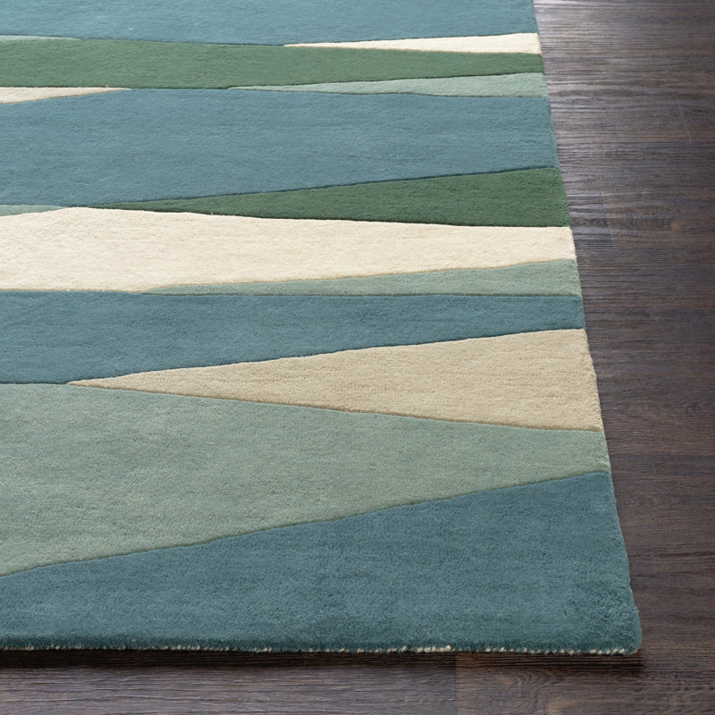 Tapis crème / vert foncé / bleu sarcelle touffeté à la main Ayeln, Carré 4 pi