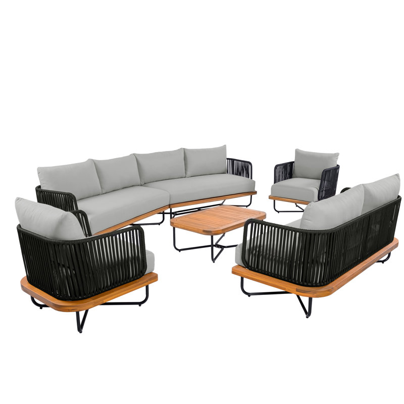 Reyansh Outdoor 6-Piece Acacia Wood Woven Rope Conversation Set With Cushions, Gray Cushion/Black Rope Teak Frame