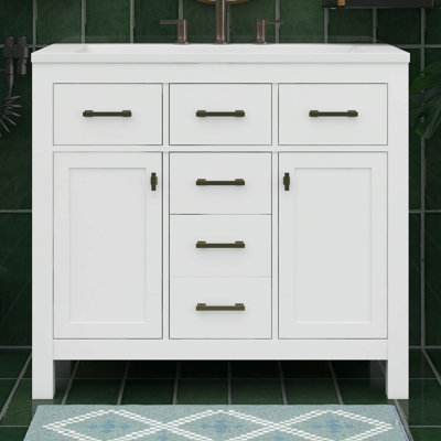 Meuble-lavabo de 36 po avec lavabo en céramique blanc, meuble-lavabo sur pied à une cuve, armoire de rangement avec 4 tiroirs et 2 armoires