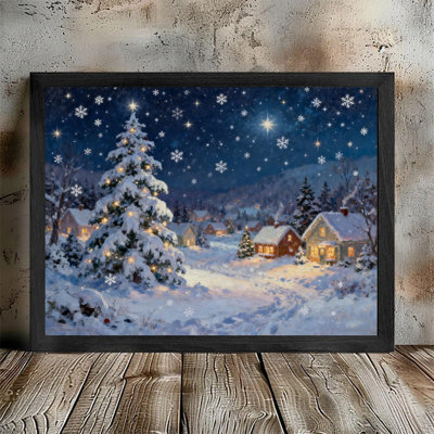 Art mural de village de Noël fantaisiste noir encadré, décor de scène d'hiver enneigé