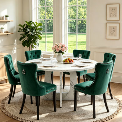 Ensemble de salle à manger rond 7 pièces pour 6 personnes, table de cuisine ronde de 119 cm (47 pouces) en faux marbre et 6 chaises rembourrées pour petit appartement