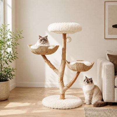 Arbre à chat en bois de pommier naturel de 113 cm avec perchoirs en panier tressé, griffoir en sisal et coussin moelleux