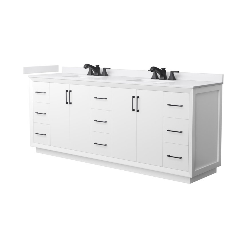 Strada 84" Freestanding Double Bathroom Vanity with Cultured Marble Top, White, Matte Black