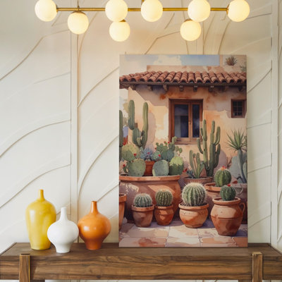 A Rustic Courtyard Scene Featuring Multiple Canvas Terracotta Pots Filled With Tall Cacti Wall Art Premium Quality Ready To Hang Modern