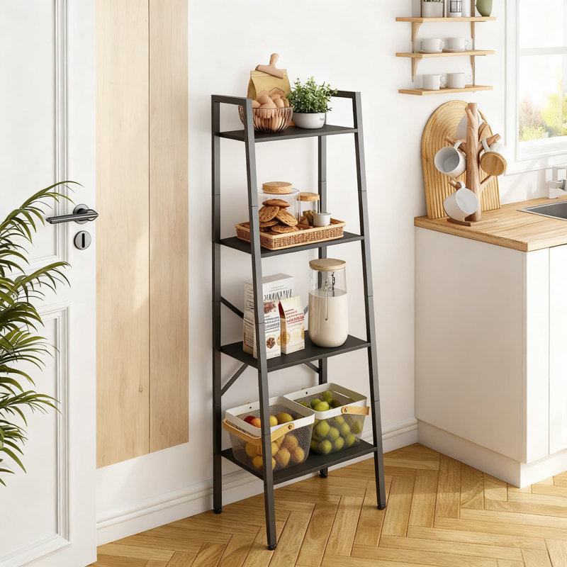 Industrial Ladder Bookshelf With Metal Frame, 4 Tier Tall Narrow Storage Shelf For Living Room, Home Office, Bedroom And Kitchen Display