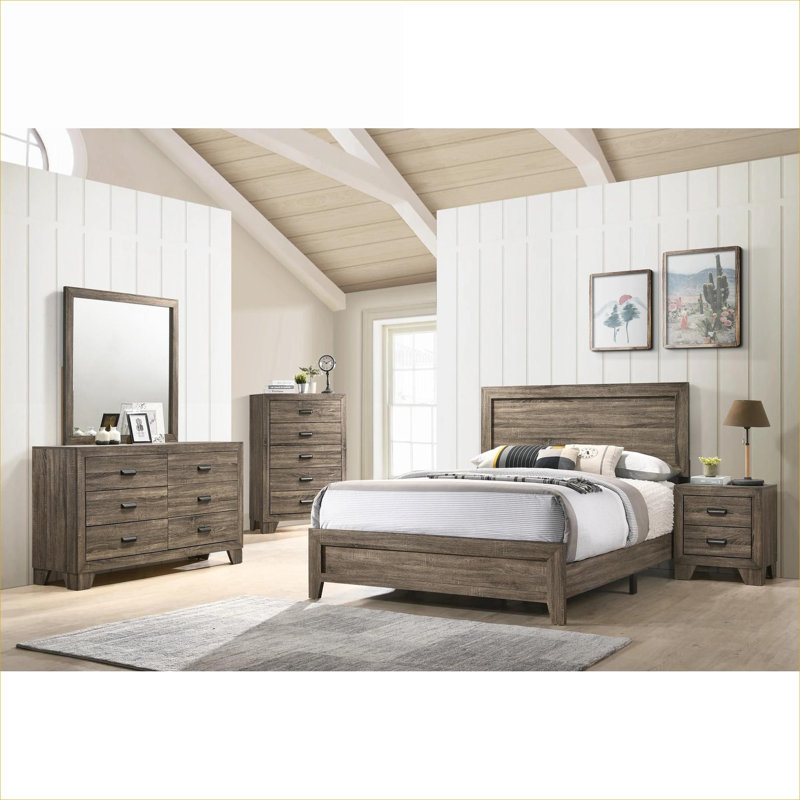 Upholstered Panel Bed Frame Contemporary Solid Wood King Size Classic Gray Bedroom Furniture