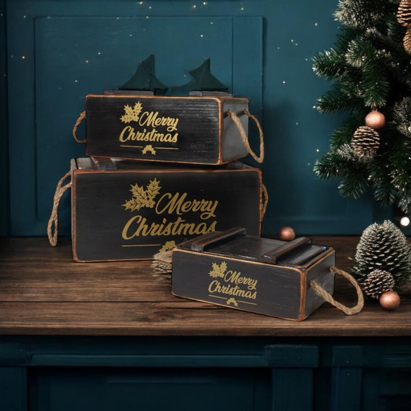 Annalin 3 Piece Handmade Wooden Decorative Box Set, Black