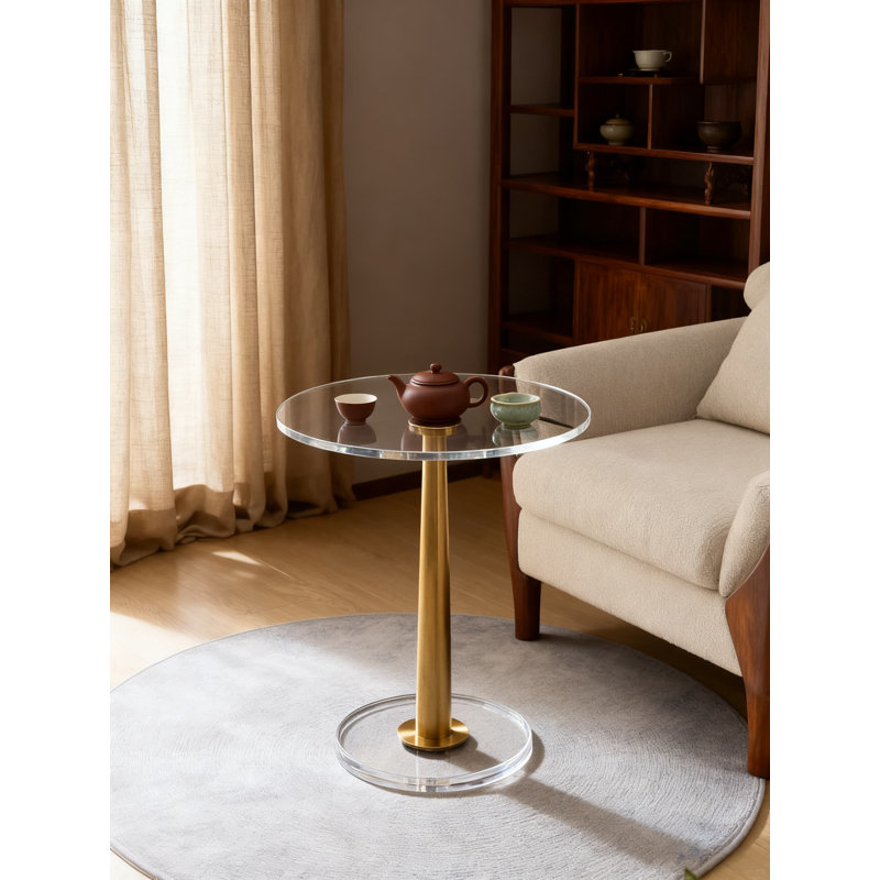 Table d'appoint moderne en acrylique avec base en métal conique, table de bout en verre transparent pour le salon, la chambre à coucher ou le bureau